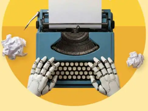 Illustration from the WWF International AI training deck: robot hands typing on a typewriter